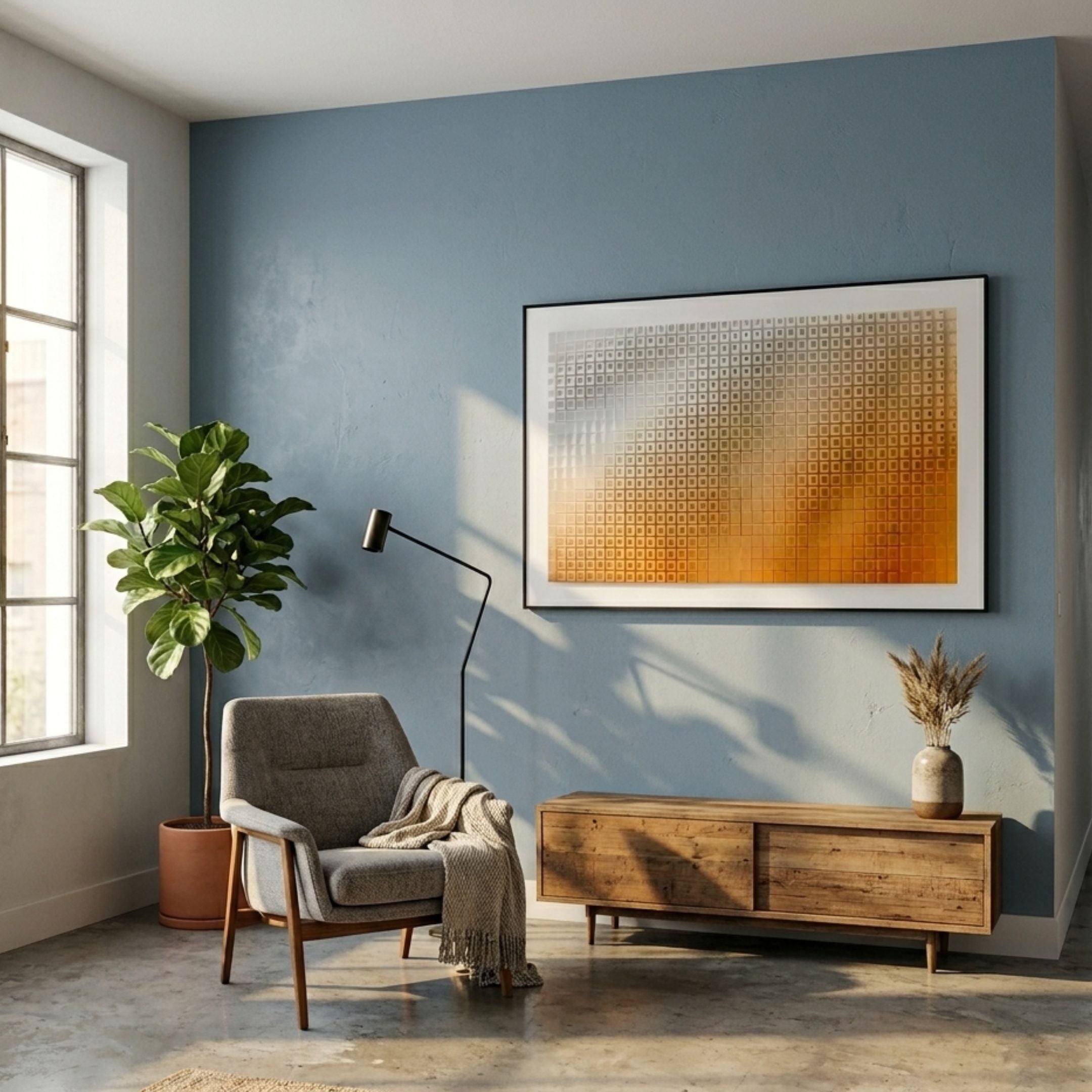 Elytrum Orange Grid Gradient Hand-Painted Wood Relief 3D Wall Art in a black frame mounted on a blue wall above a wooden sideboard, beside a grey armchair and fiddle-leaf fig.