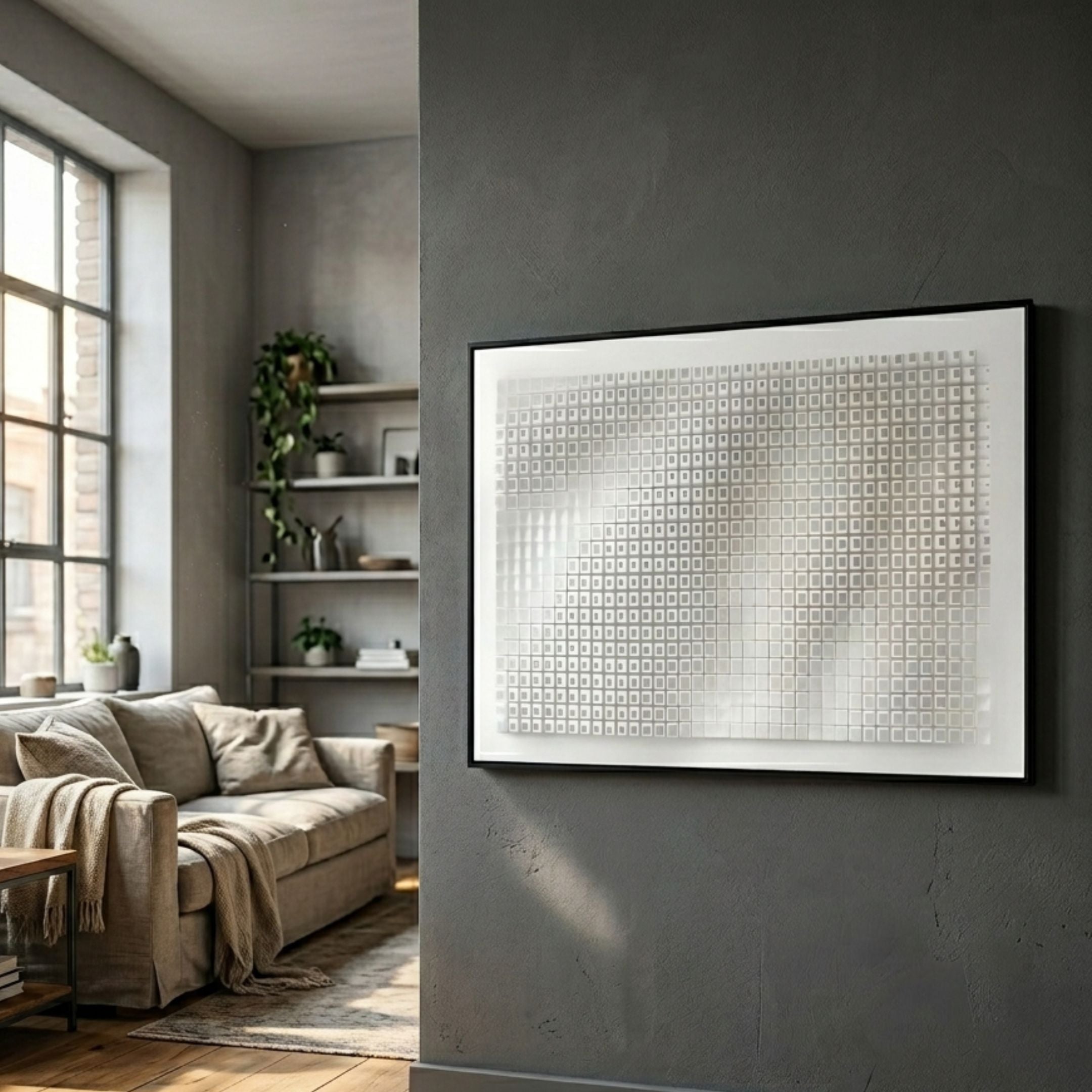 Elytrum White Grid Hand-Painted Wood Relief 3D Wall Art in a black frame mounted on a grey wall beside a beige sofa and shelving in a sunlit living room.