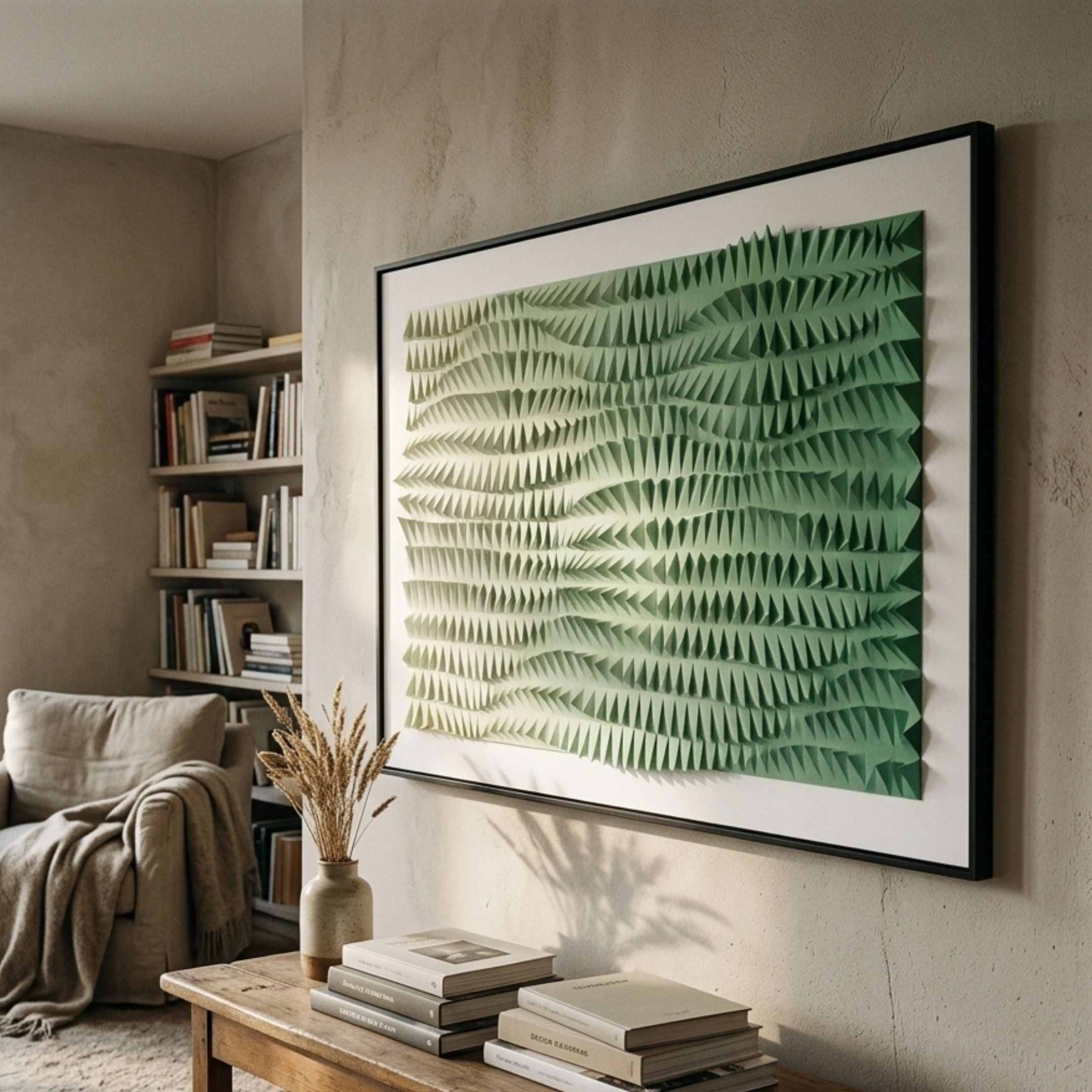 Elytrum Green Gradient Hand-Painted Wood Relief 3D Wall Art by Giant Sculptures in a black frame above a console table, beside a bookshelf and armchair.