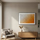 Elytrum Orange Gradient Hand-Painted Wood Relief 3D Wall Art by Giant Sculptures displayed above a wooden sideboard beside a grey armchair in a neutral living room.
