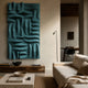 Ombra Teal Blue Hand-Painted 3D Wood Relief Wall Art by Giant Sculptures mounted in a neutral living room above a low wood console beside a beige sofa.