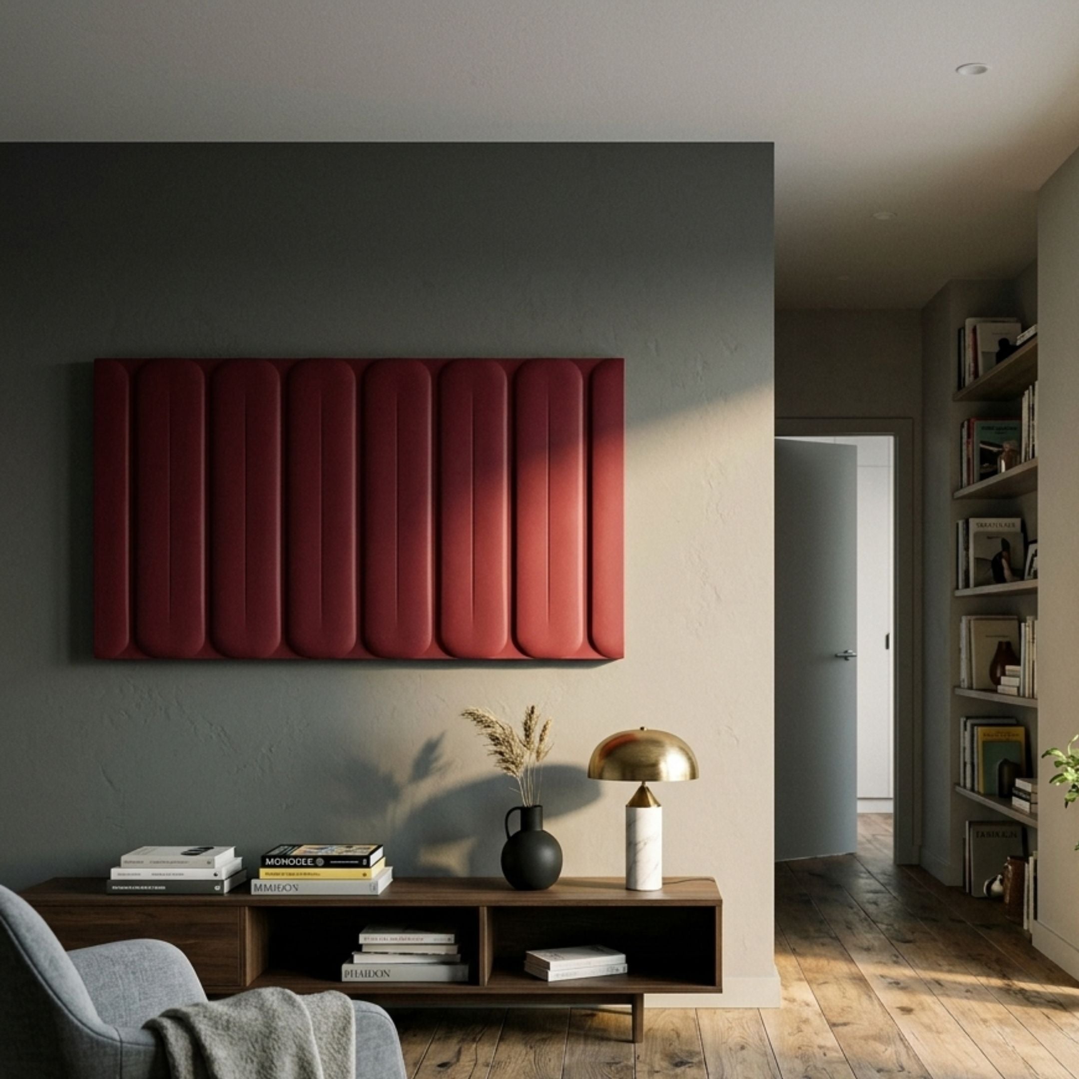 Vireus Burgundy Rectangular 3D Wood Relief Wall Panel by Giant Sculptures mounted above a walnut console with books, vase, and brass lamp in a living room.