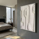 Terravura Rectangular Soft White I 3D Wood Relief Wall Art mounted on a grey bedroom wall, featuring carved oval and geometric forms in chalk-white finish.