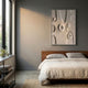 Terravura Rectangular Warm Beige II 3D Wood Relief Wall Art mounted above a walnut bed with linen bedding in a grey-walled modern bedroom by a window.