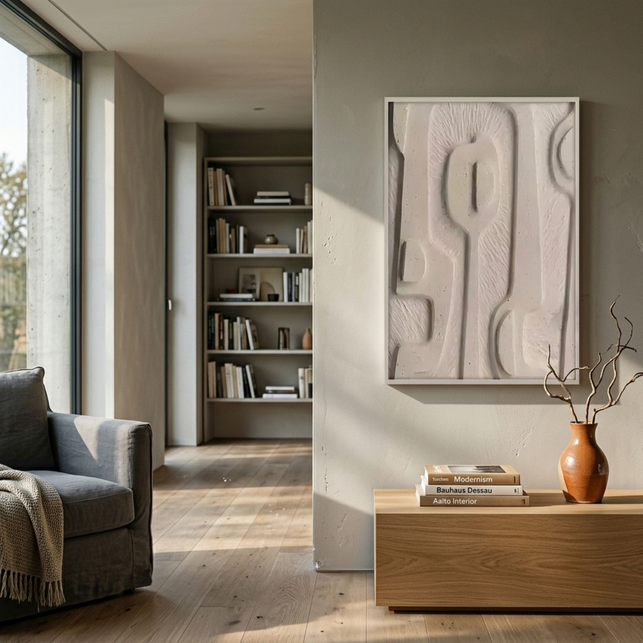 Terravura Rectangular Warm Beige I 3D Wood Relief Wall Art by Giant Sculptures displayed in a modern living room above a wooden console with a terracotta vase.