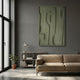Terravura Rectangular Olive Green I 3D Wood Relief Wall Art mounted above a beige bouclé sofa and shelf in a grey-walled living room with potted plant.