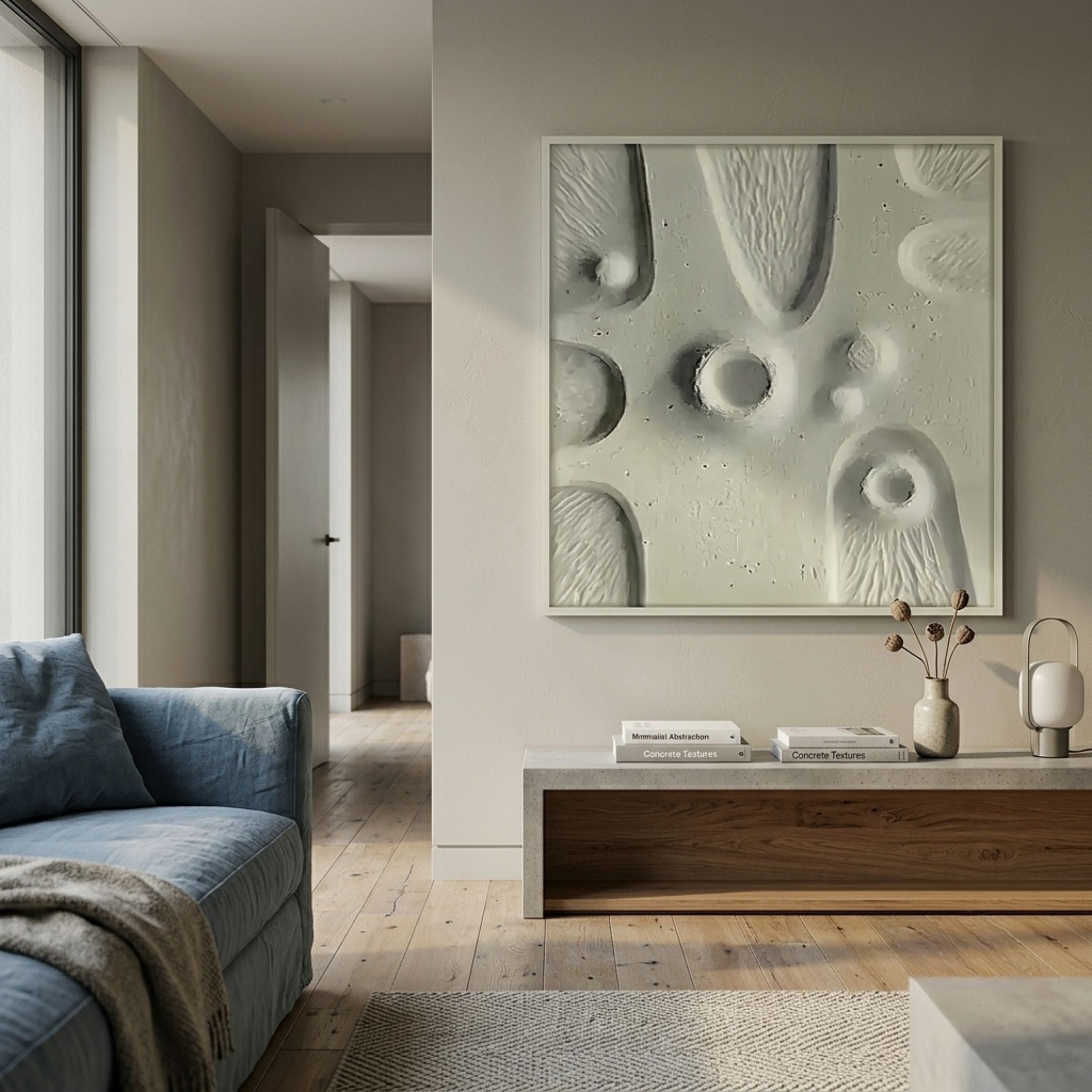 Terravura Square Sage Green II 3D Wood Relief Wall Art mounted above a concrete and wood console in a minimalist living room with a blue sofa.
