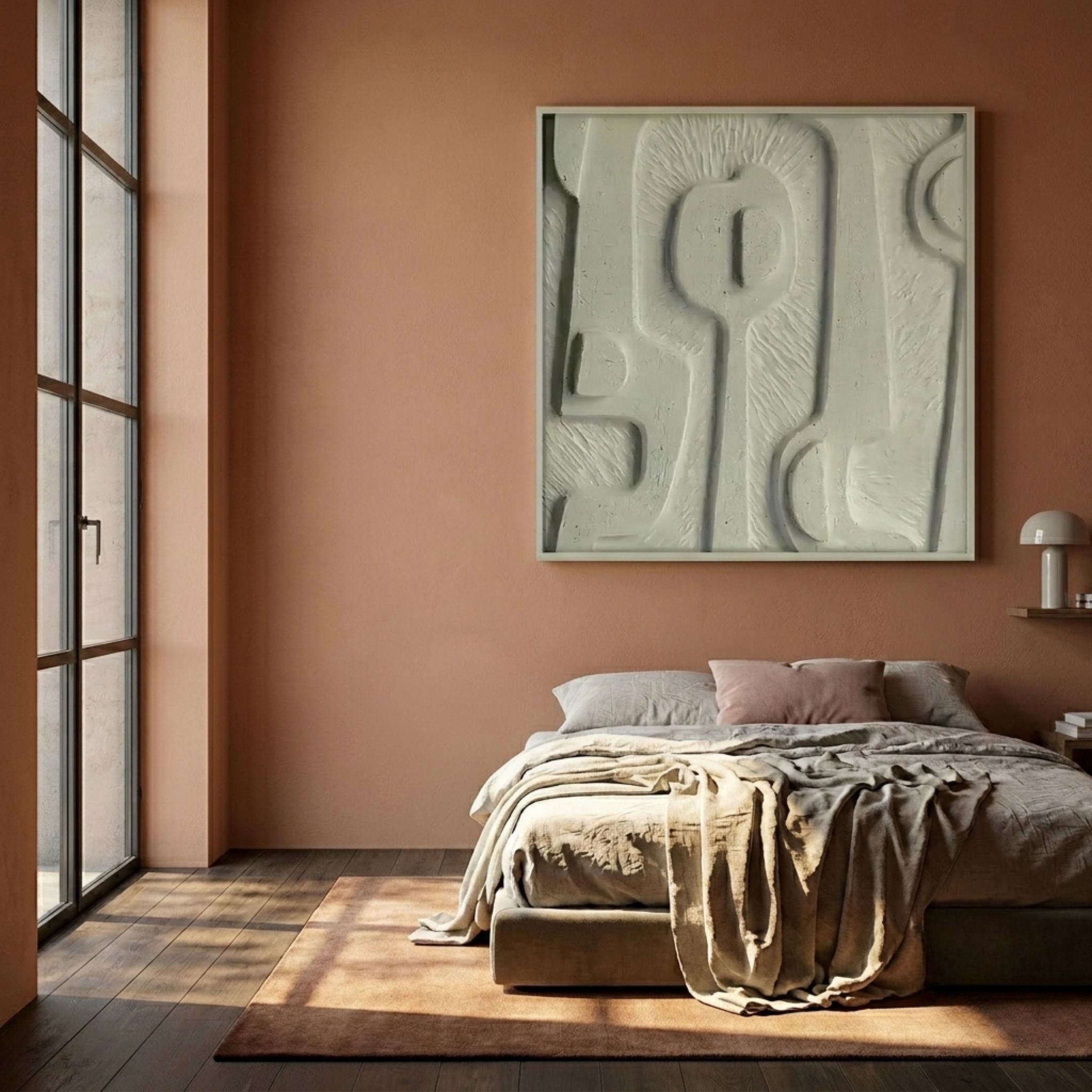 Terravura Square Sage Green I 3D Wood Relief Wall Art by Giant Sculptures mounted above a low bed in a terracotta bedroom with linen bedding.