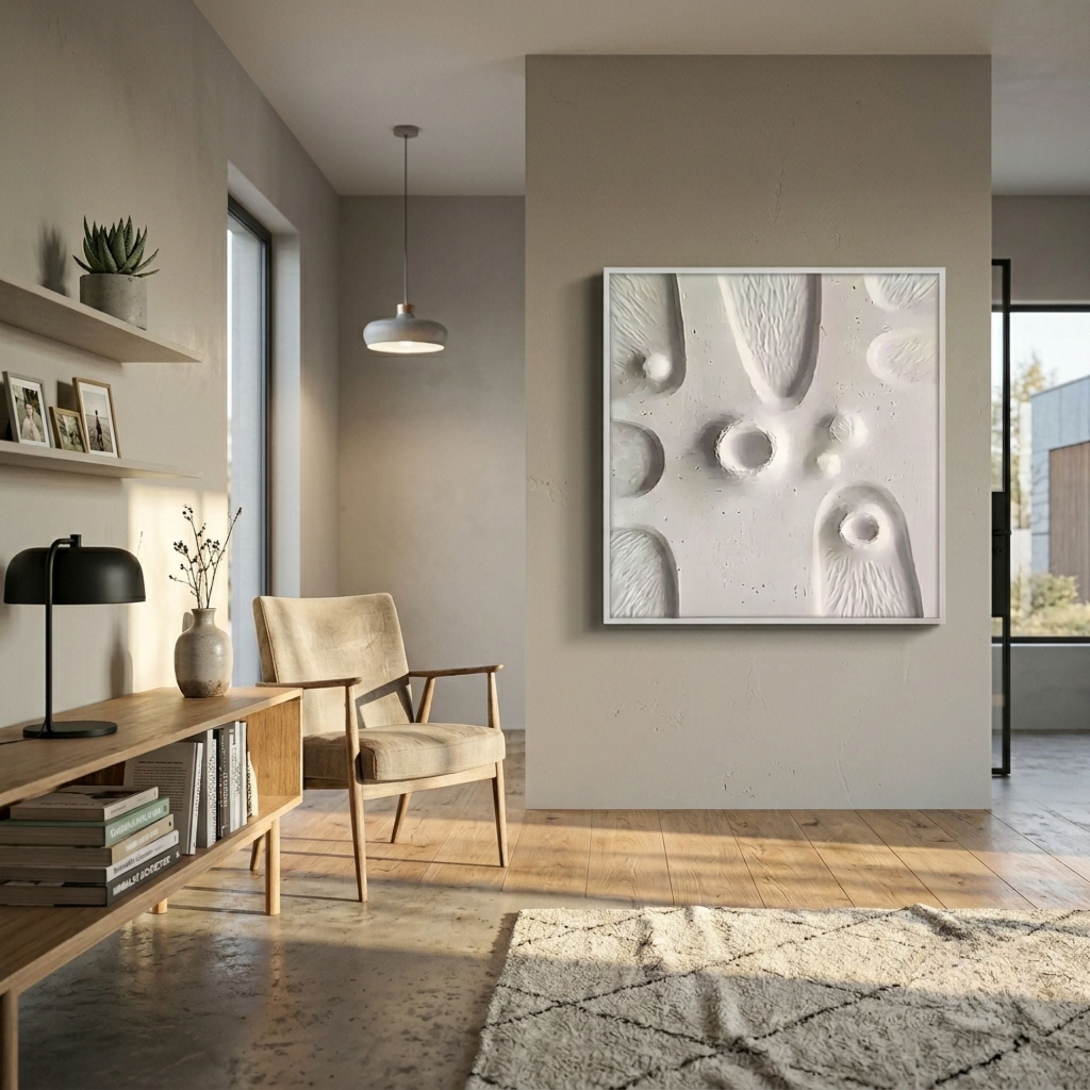 Terravura Square Soft White II 3D Wood Relief Wall Art displayed on a beige wall in a minimalist living room with an oak console, linen armchair, and woven rug.