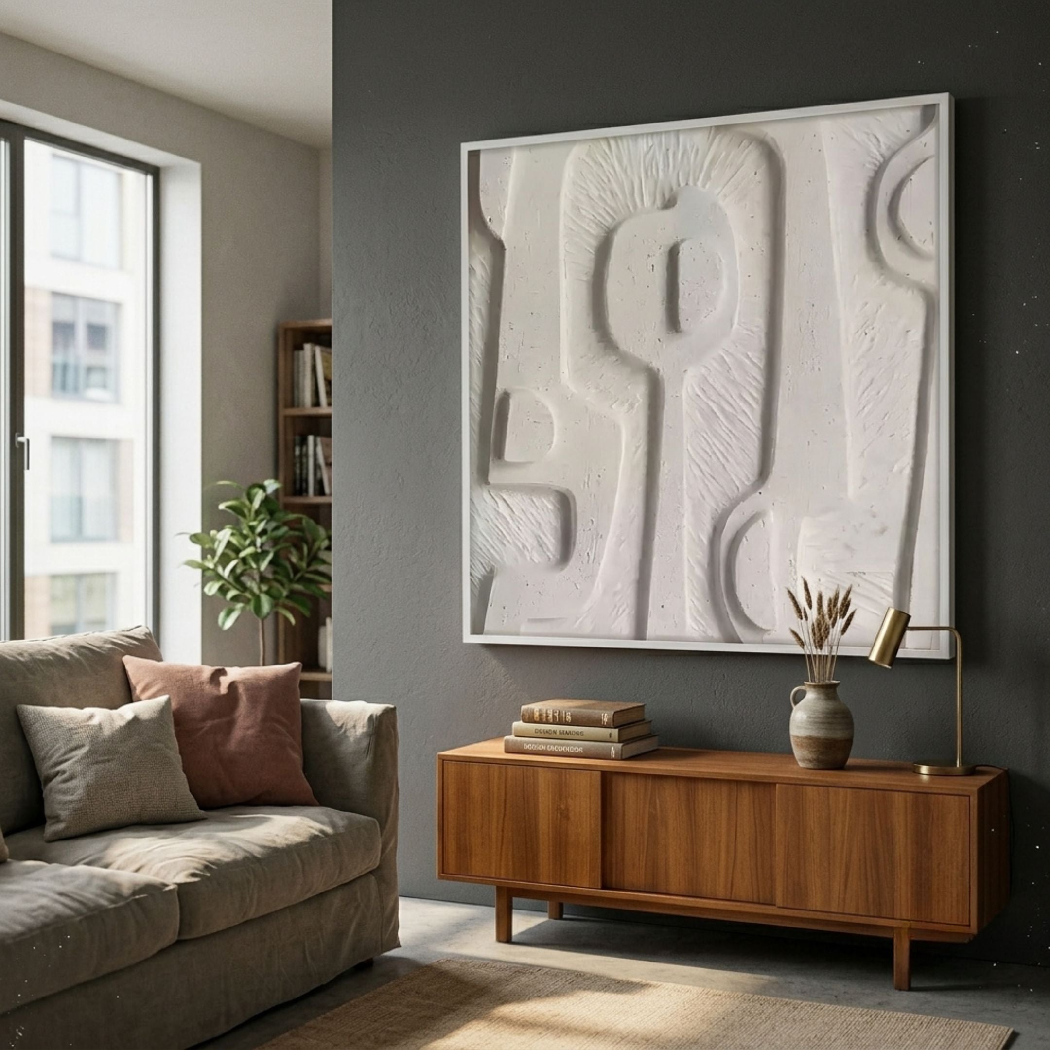 Terravura Square Soft White I 3D Wood Relief Wall Art by Giant Sculptures, mounted on a grey wall above a teak sideboard in a modern living room.