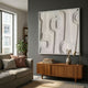 Terravura Square Soft White I 3D Wood Relief Wall Art by Giant Sculptures, mounted on a grey wall above a teak sideboard in a modern living room.