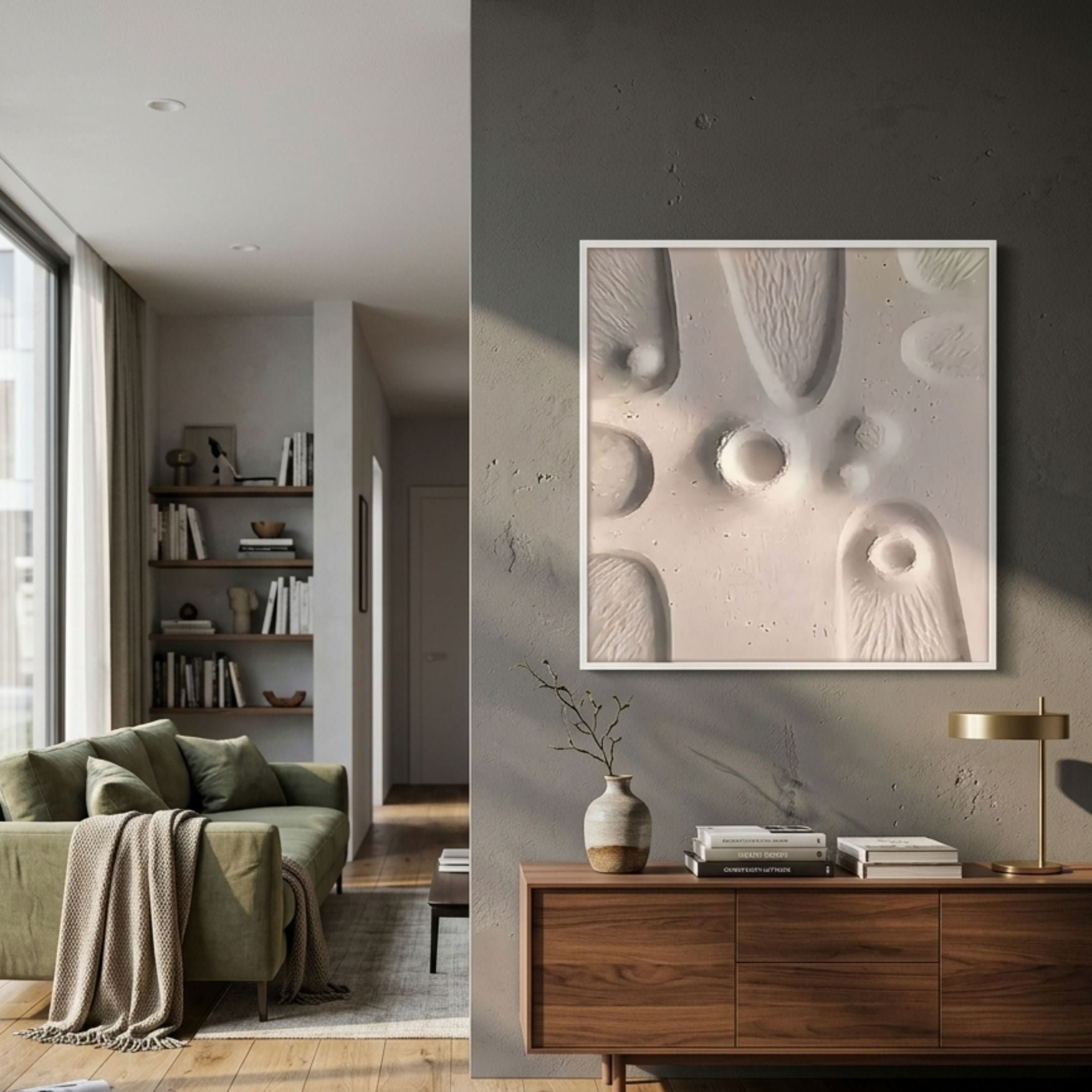 Terravura Square Warm Beige II 3D Wood Relief Wall Art by Giant Sculptures displayed on a grey wall above a walnut sideboard with vase, books, and brass lamp.