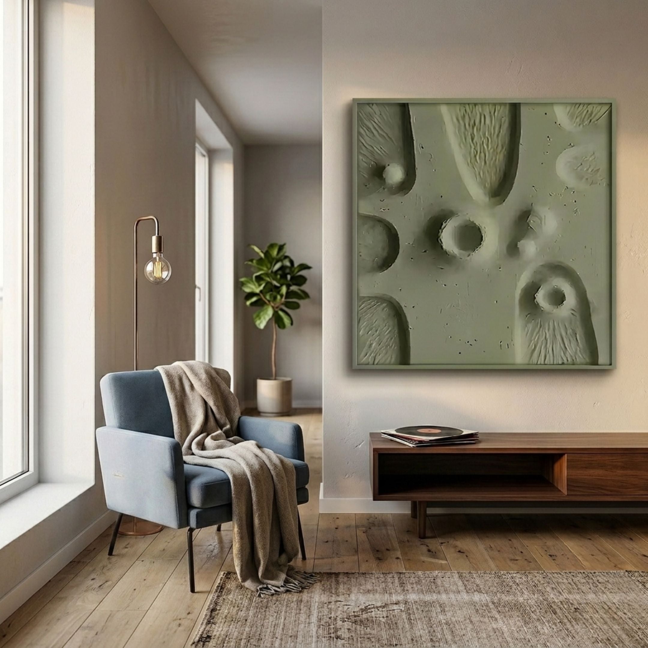 Terravura Square Olive Green II 3D Wood Relief Wall Art displayed in a modern living room above a walnut console beside a blue armchair and floor lamp.
