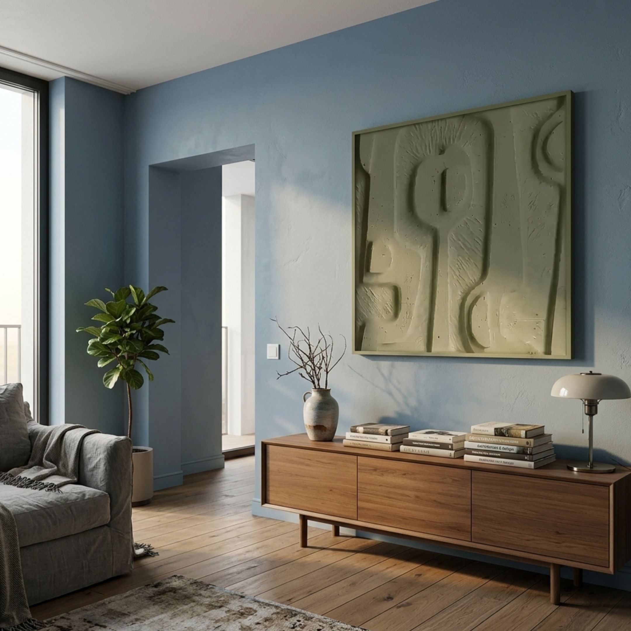 Terravura Square Olive Green I 3D Wood Relief Wall Art by Giant Sculptures mounted on a blue living room wall above a walnut sideboard with books and lamp.
