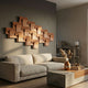 Axura Brown Geometric Wood Relief 3D Wall Art by Giant Sculptures mounted above a beige sofa in a modern living room with a concrete coffee table.