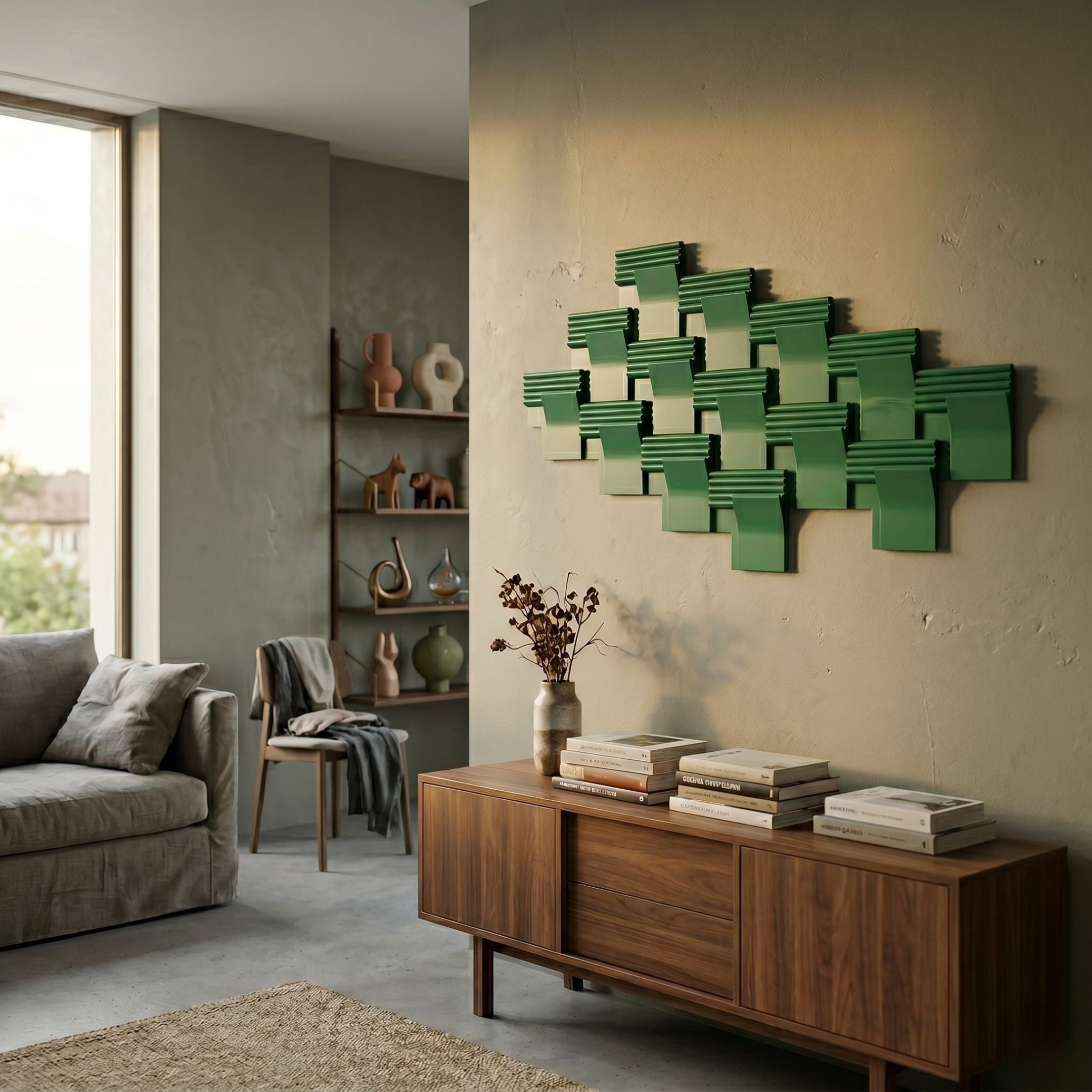 Axura Green Geometric Wood Relief 3D Wall Art mounted above a walnut sideboard in a modern living room with a grey sofa and ceramic shelf display.
