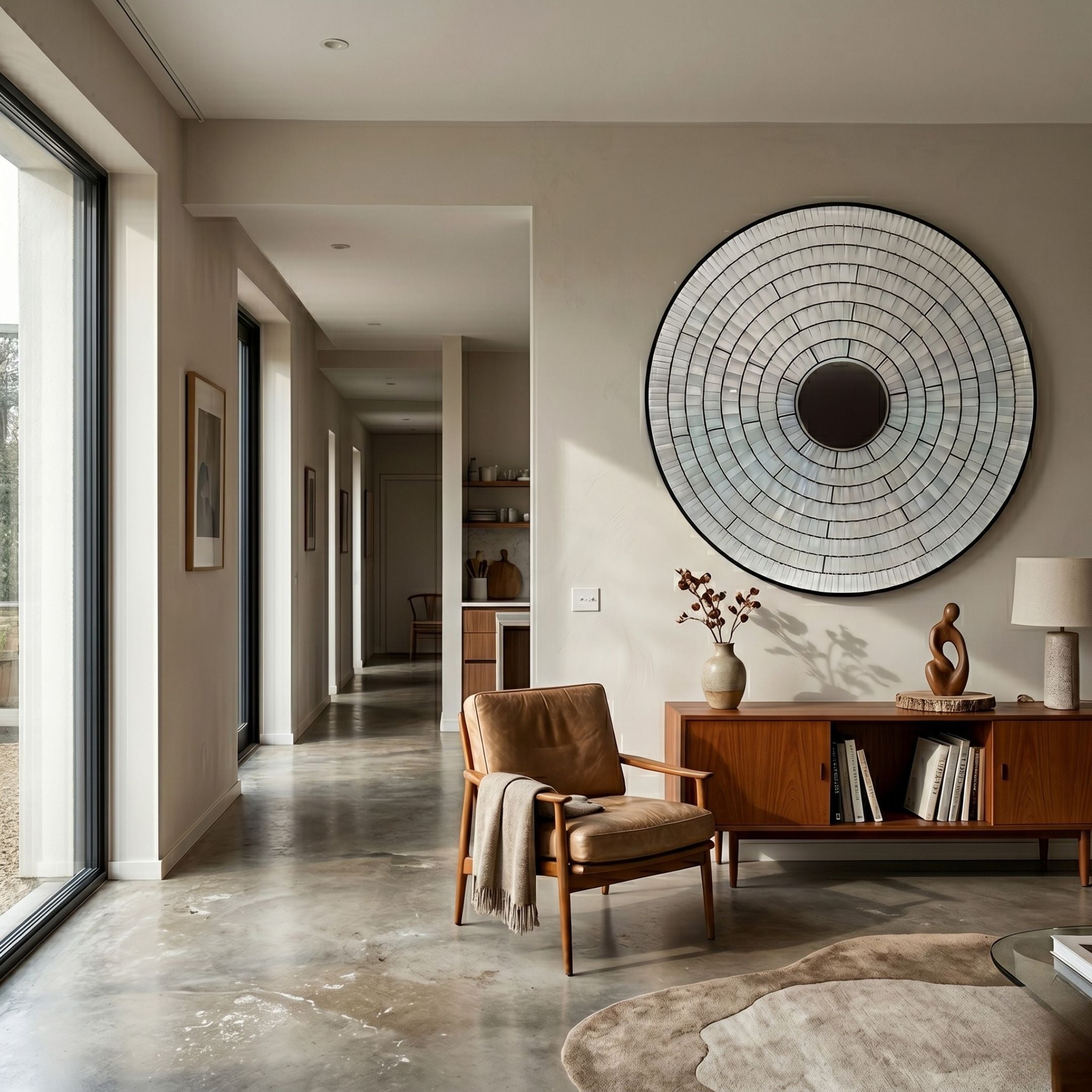 Solis Radiant Deep Brown Core Wood Relief 3D Wall Art by Giant Sculptures displayed above a mid-century sideboard beside a leather armchair in a modern living room.