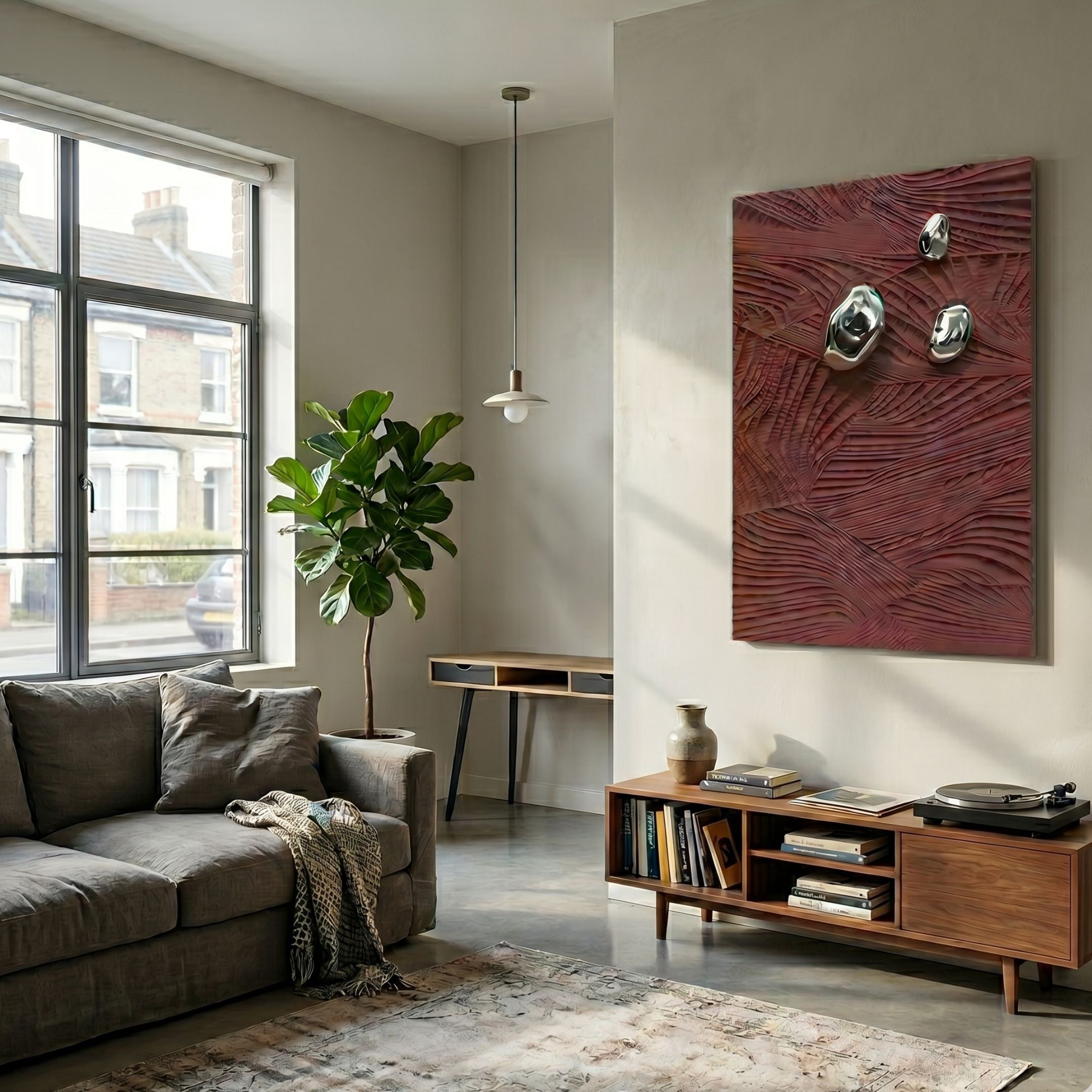 Verdara Burgundy Red Wood Relief 3D Wall Art with silver metallic accents mounted in a modern living room above a wooden record console beside a fiddle-leaf fig.