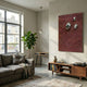 Verdara Burgundy Red Wood Relief 3D Wall Art with silver metallic accents mounted in a modern living room above a wooden record console beside a fiddle-leaf fig.
