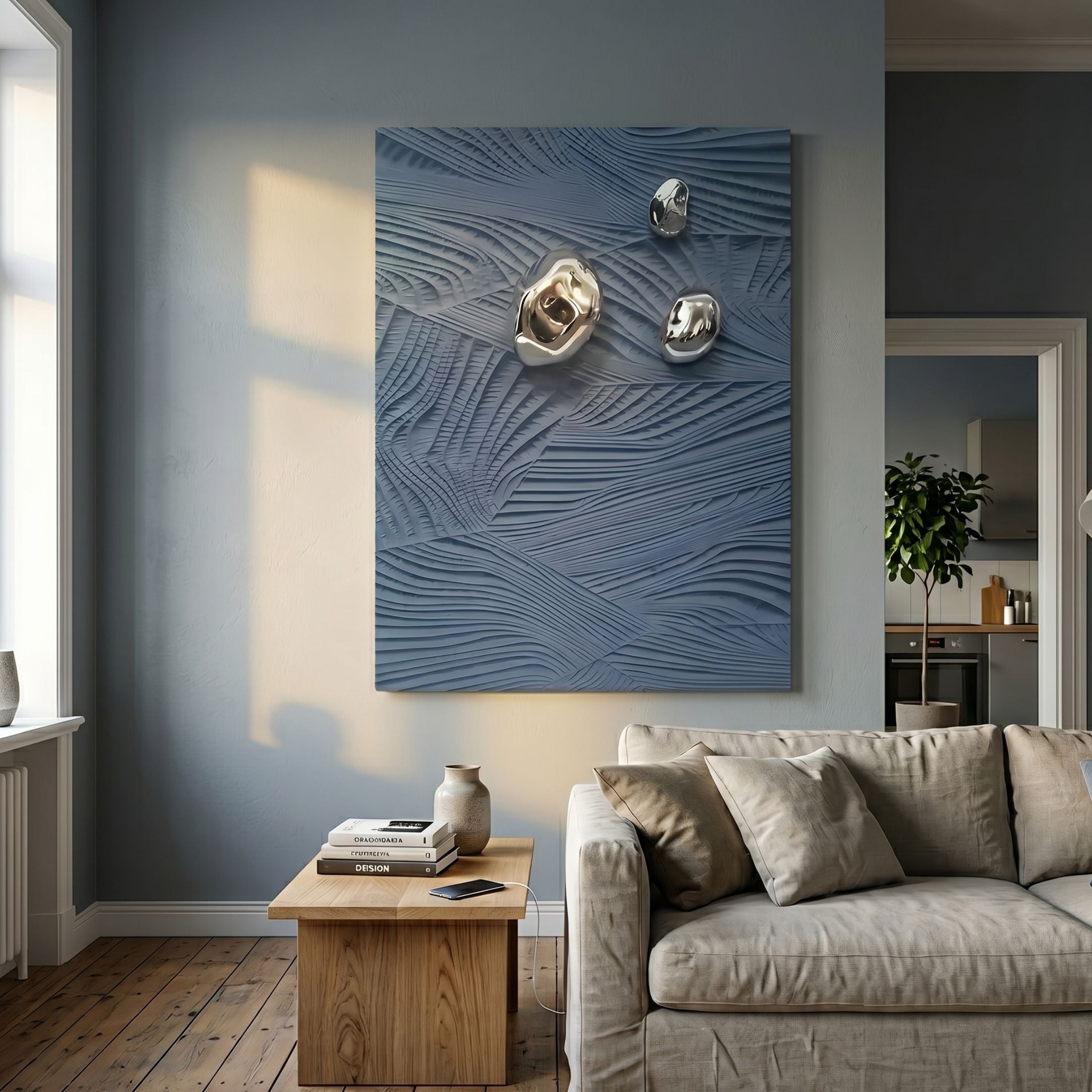 Verdara Blue Wood Relief 3D Wall Art by Giant Sculptures, with carved organic linework and three silver accents, displayed above a beige sofa and oak coffee table.