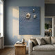 Verdara Blue Wood Relief 3D Wall Art by Giant Sculptures, with carved organic linework and three silver accents, displayed above a beige sofa and oak coffee table.