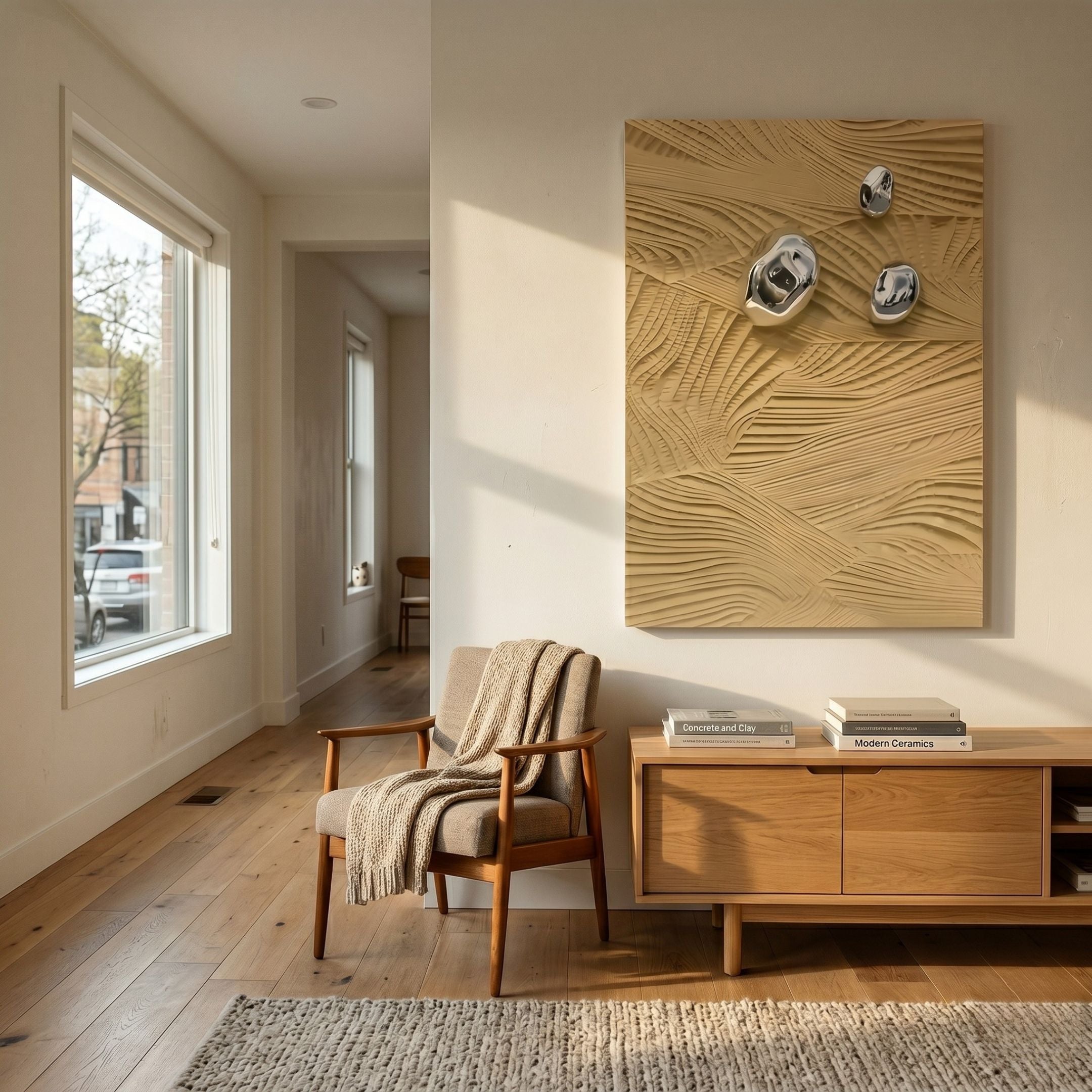 Verdara Beige Wood Relief 3D Wall Art by Giant Sculptures displayed above a wooden sideboard and mid-century armchair in a sunlit neutral living space.