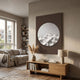 Solivis Desert 3D Wood Relief Wall Art by Giant Sculptures displayed above a wooden console in a wabi-sabi living room with linen sofa and pampas grass.