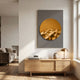 Solivis Amber 3D Wood Relief Wall Art by Giant Sculptures displayed on a grey panel above an oak sideboard with brass lamp in a sunlit living room.