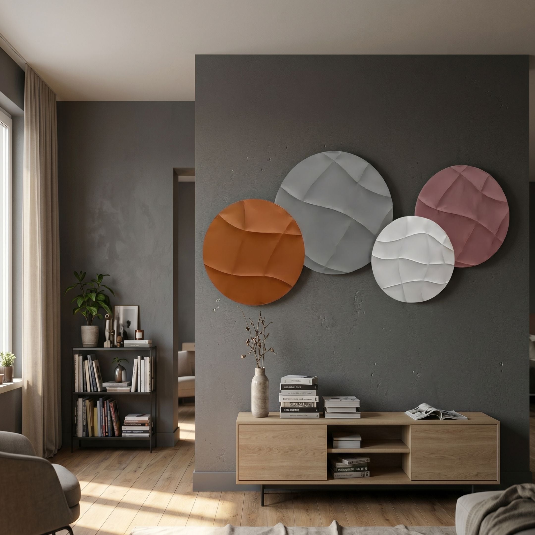 Orbita 4-Set Circular Rust & Blush 3D Wood Relief Wall Art by Giant Sculptures displayed on a dark grey living room wall above an oak console with books.