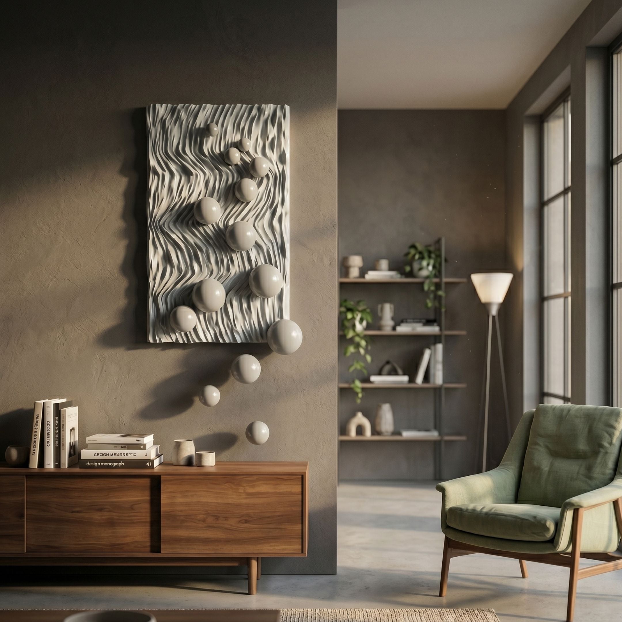 Fluxion Muted Grey 3D Wood Relief Wall Art with carved wave grooves and glossy grey spheres, displayed above a walnut sideboard beside a green armchair.
