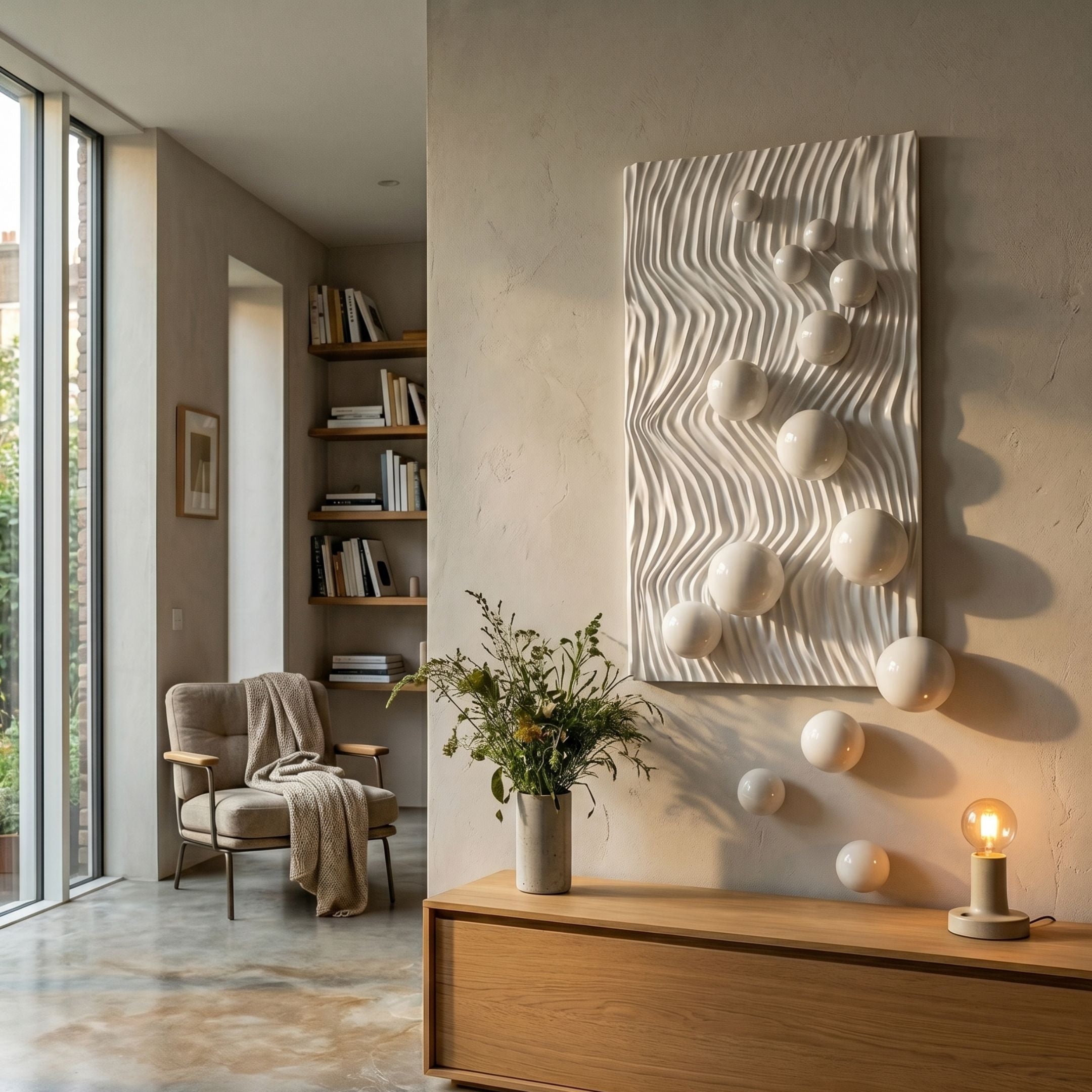 Fluxion White 3D Wood Relief Wall Art With Metal Ball by Giant Sculptures displayed in a Nordic living room above an oak console with armchair and bookshelves.