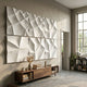 Tessara 6-Panel Set White 3D Wood Relief Wall Art by Giant Sculptures mounted above a walnut console with books and dried grasses in a sunlit living room.