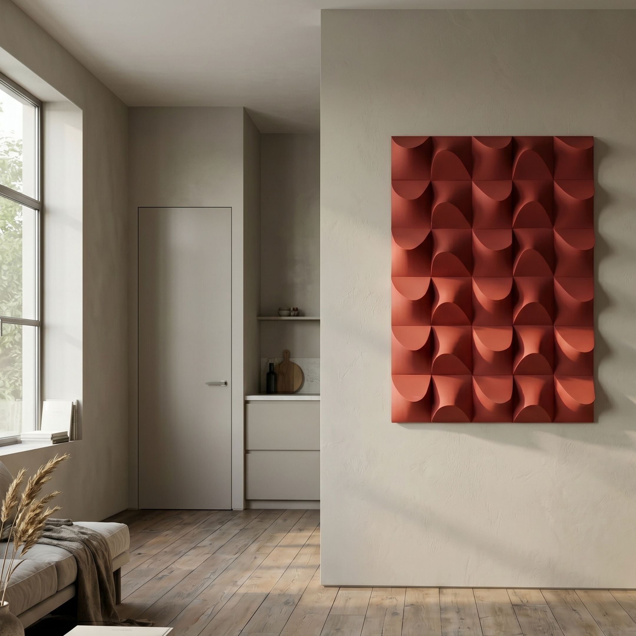Ondula Textured Red Wood Relief 3D Wall Art by Giant Sculptures mounted on a beige wall in a minimalist living space with wood flooring and a kitchen nook.