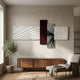 Axentra Burgundy & White Geometric Wood Relief 3D Wall Art by Giant Sculptures, layered above a walnut sideboard with olive tree and armchair in a neutral living room.