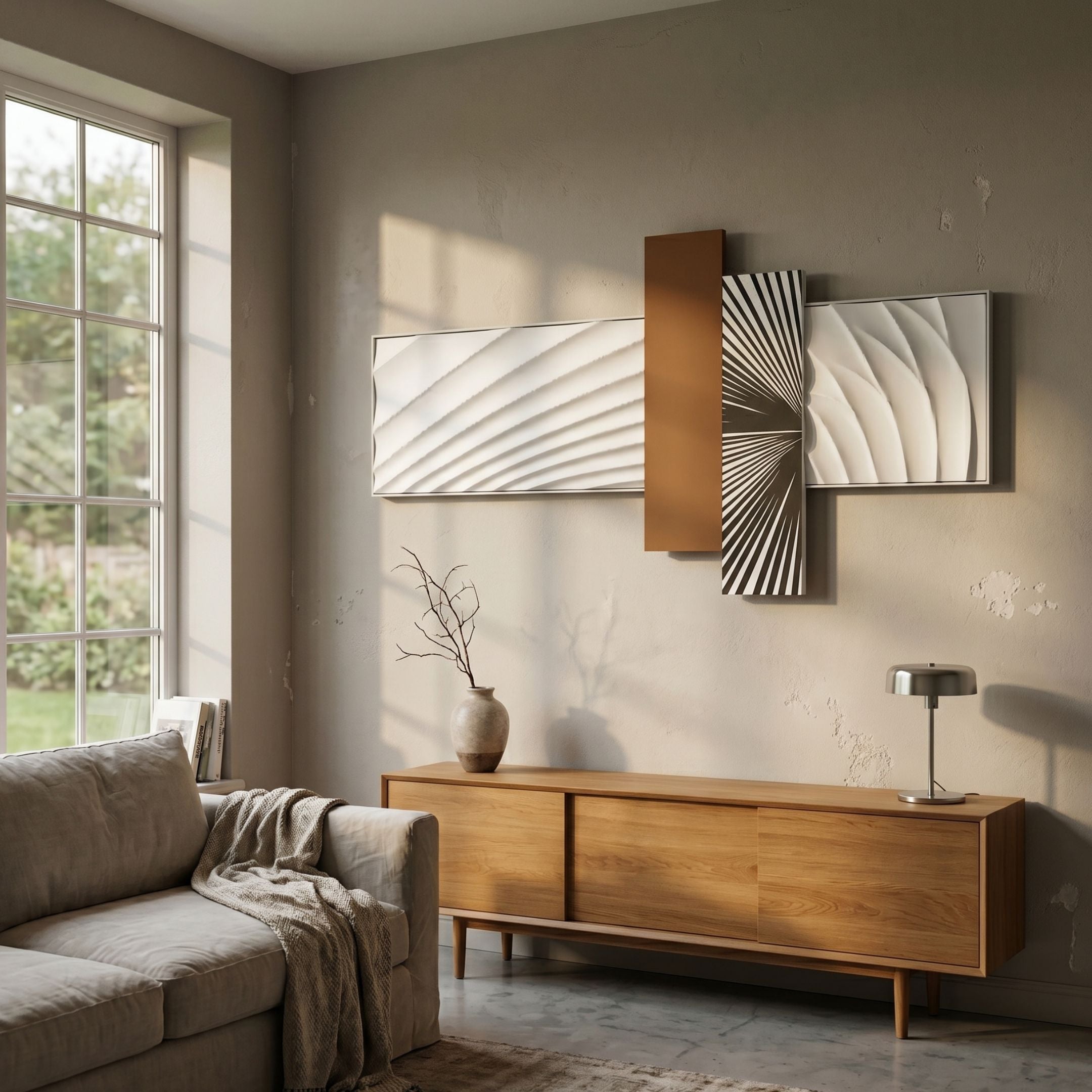 Axentra Brown & White Geometric Wood Relief 3D Wall Art by Giant Sculptures displayed above a wooden sideboard in a sunlit living room with grey sofa.