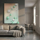 Sphera Gradient 3D Wood Relief Wall Art with mint and white metal spheres displayed above a grey sofa in a modern living room by Giant Sculptures.