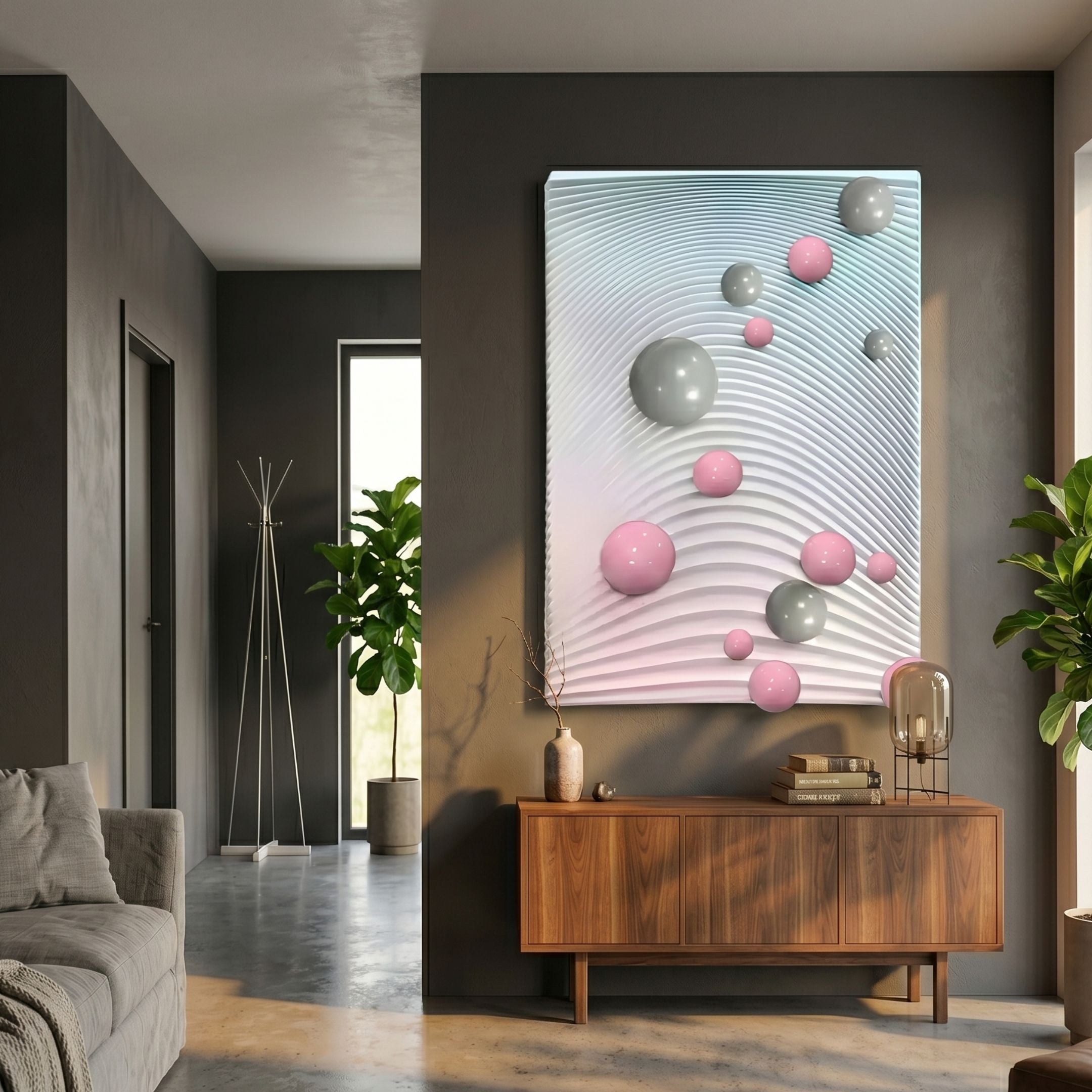 Sphera Gradient 3D Wood Relief Wall Art with grey and pink metal balls mounted above a walnut sideboard in a modern grey-walled living room with plants.