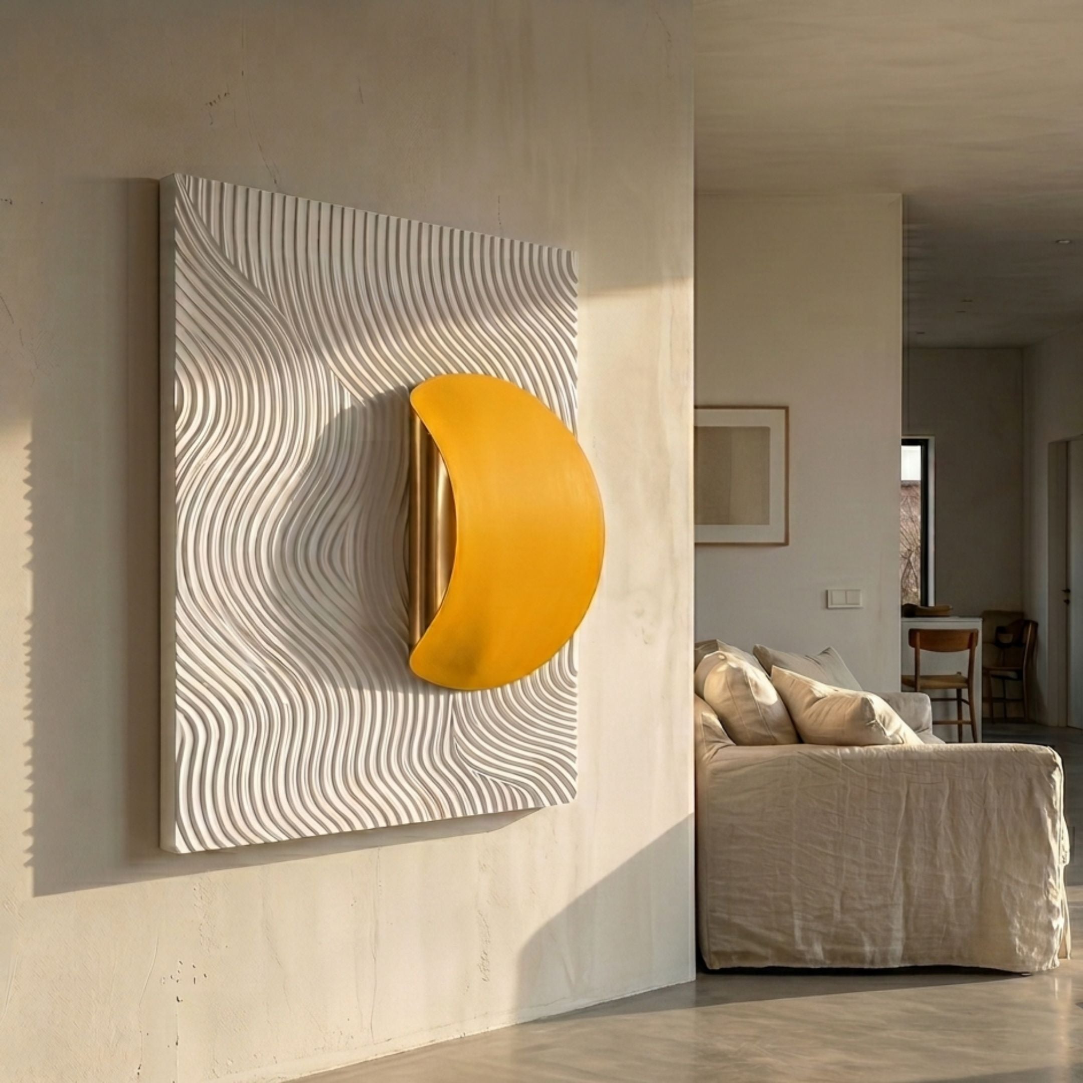 Solvara Yellow & White Wood Relief 3D Wall Art by Giant Sculptures mounted in a neutral living room beside a linen sofa, featuring a yellow crescent on carved waves.