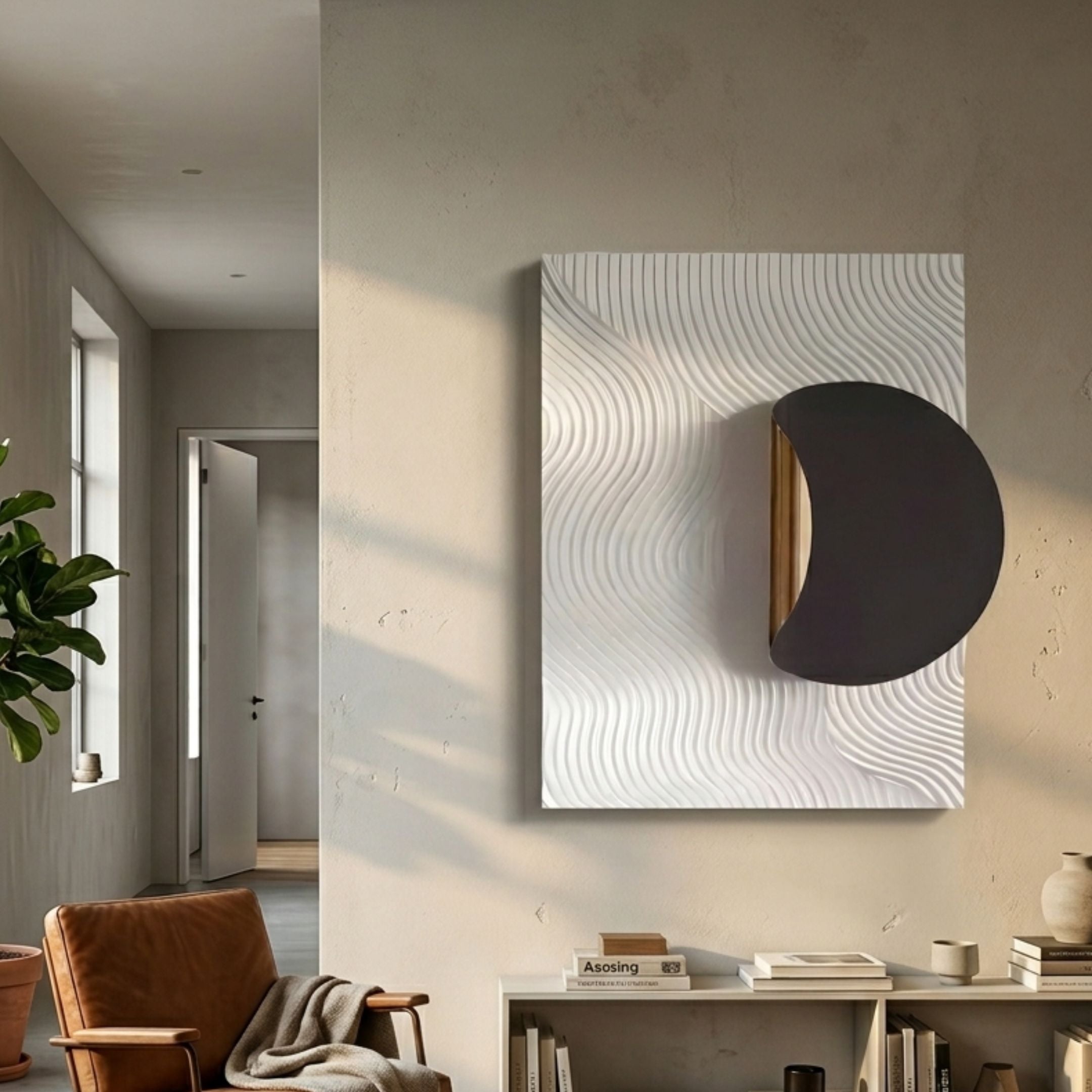 Solvara Charcoal Grey & White Wood Relief 3D Wall Art mounted on a beige wall above a console in a sunlit living room with a leather chair and fiddle-leaf plant.