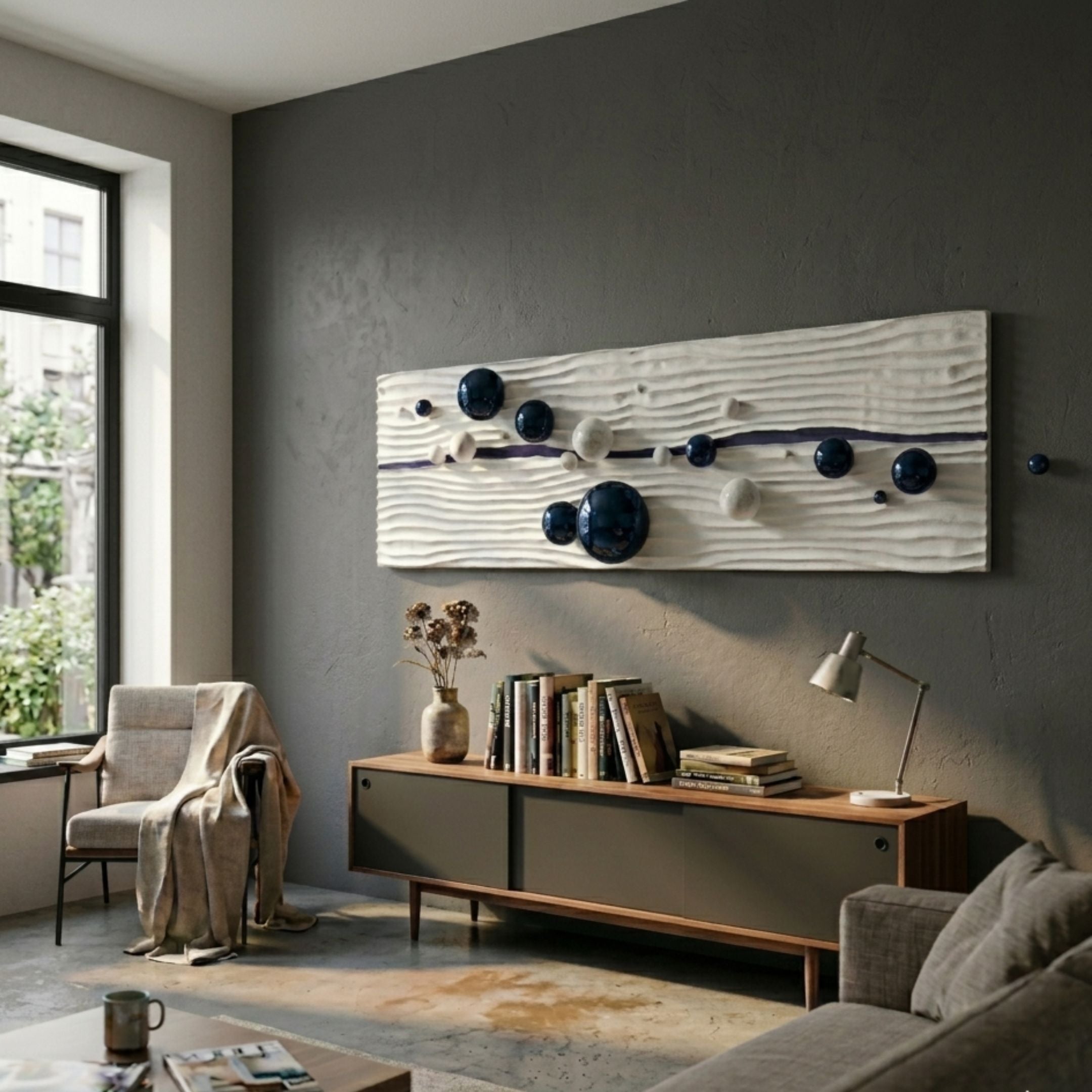 Lustra Sapphire Blue & White 3D Wood Relief Wall Art mounted on a grey wall above a wooden sideboard with books, beside an armchair and bright window.