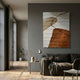 Terracurve IV Hand-Painted Sandstone Wood Relief 3D Wall Art in brown, beige, and white with a black diagonal line, displayed in a modern grey living room.