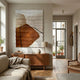 Terracurve V Hand-Painted Sandstone Wood Relief 3D Wall Art by Giant Sculptures mounted above a walnut sideboard in a sunlit living room with bouclé sofa.