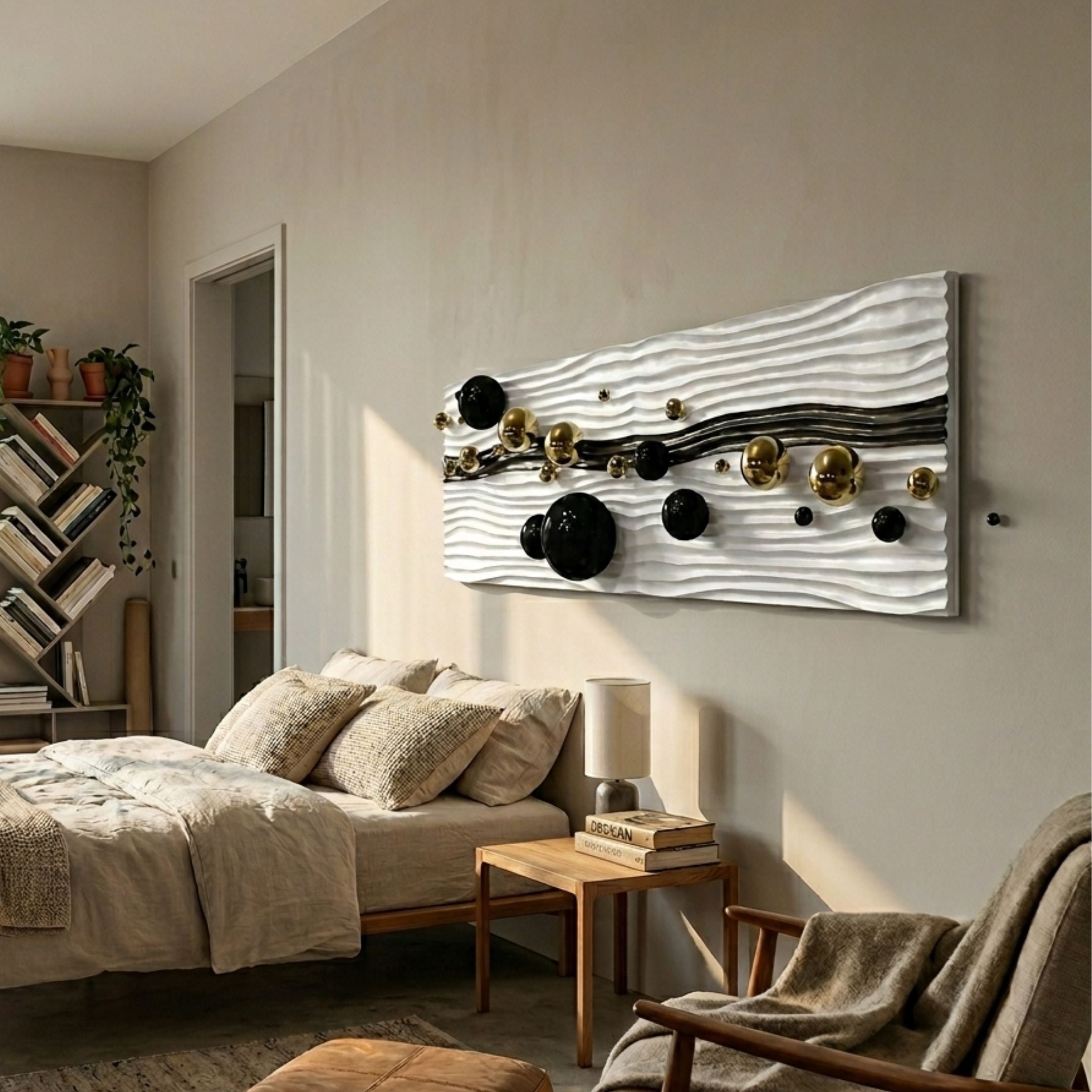 Lustra Black & White 3D Wood Relief Wall Art with black and gold metal ball accents mounted above a bed in a neutral bedroom with a bookshelf nearby.