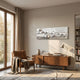 Lustra Gold & White 3D Wood Relief Wall Art by Giant Sculptures mounted above a walnut sideboard beside a leather armchair in a sunlit modern living room.