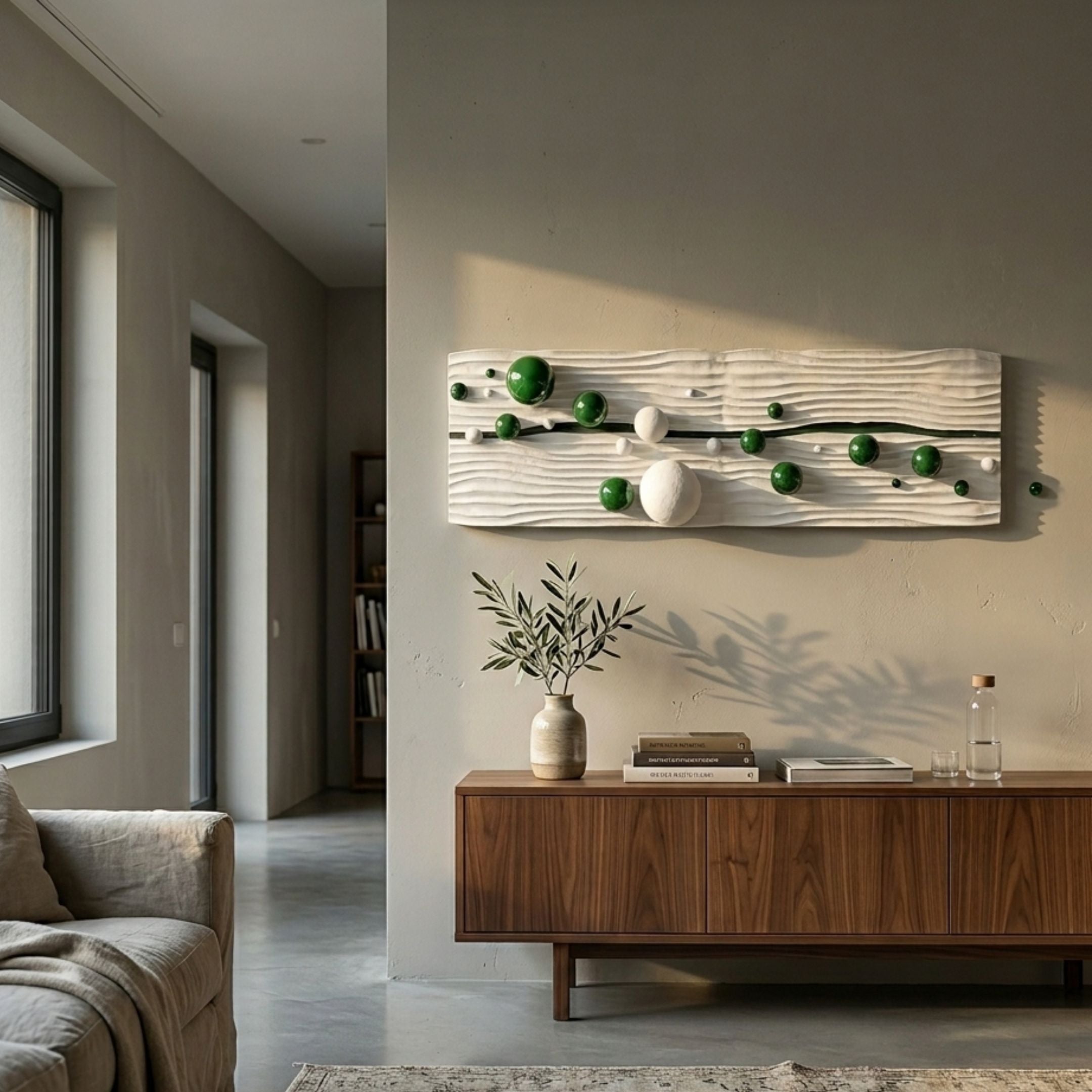 Lustra Green & White 3D Wood Relief Wall Art With Metal Ball by Giant Sculptures mounted above a walnut sideboard with olive branch vase in a modern living room.