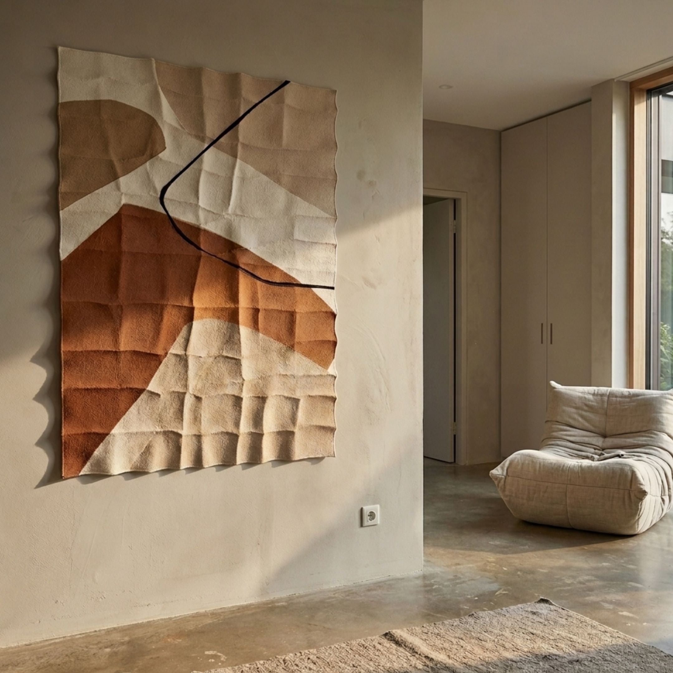 Terracurve I Hand-Painted Sandstone Wood Relief 3D Wall Art by Giant Sculptures in brown, beige and white with a black line, displayed beside a linen lounge chair.