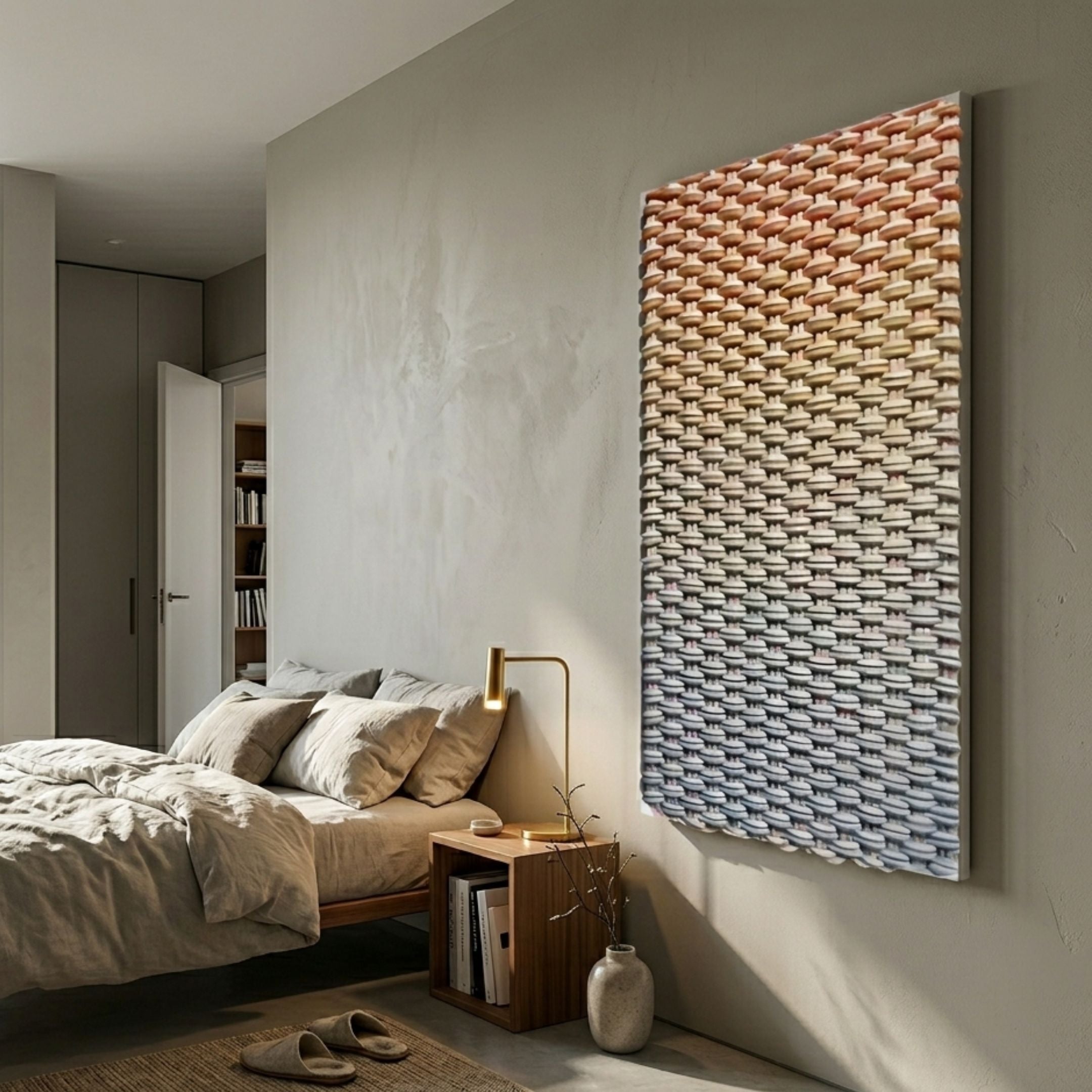 Spectrum Weave Vertical Earthy Ombre Wood Relief 3D Wall Art mounted in a modern bedroom above a wooden nightstand beside a linen bed and brass lamp.