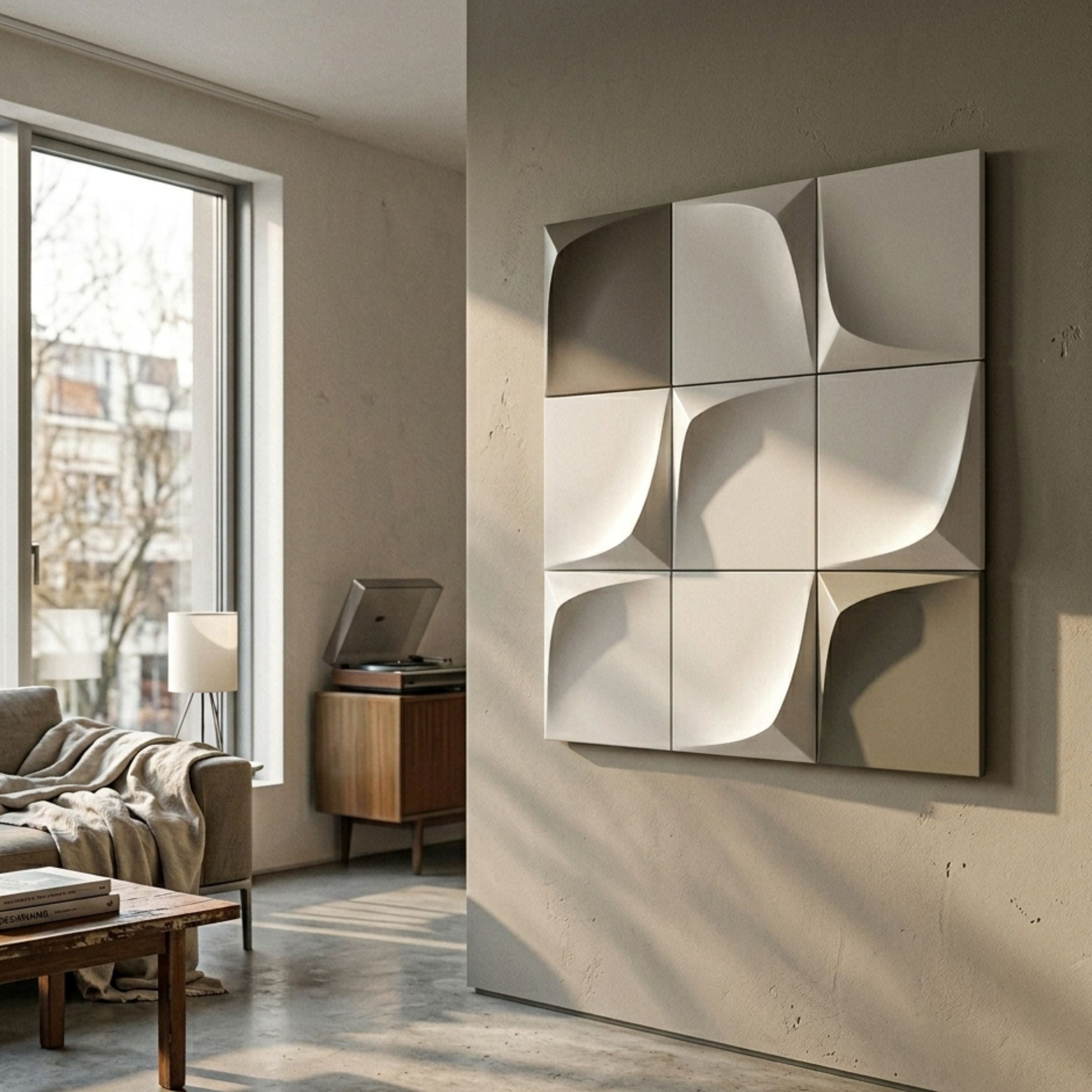 Curvatura 3D Wood Relief Wall Art by Giant Sculptures, nine sculpted tiles in white and grey tones, mounted on a pale wall in a sunlit modern living room.