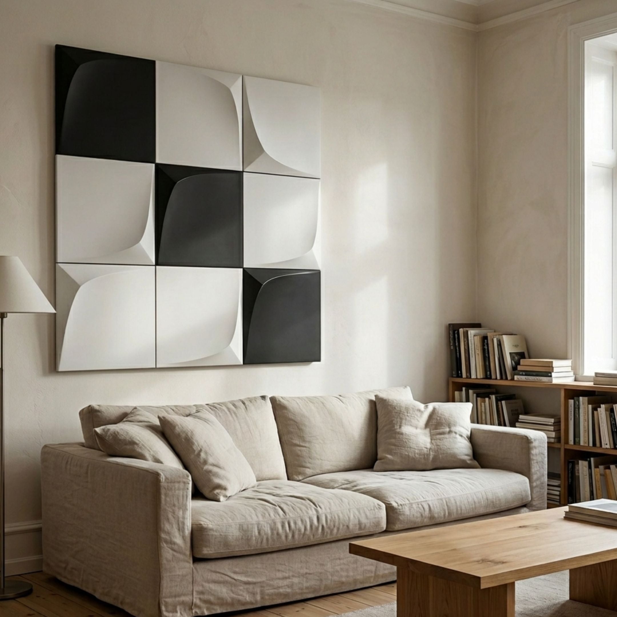Curvatura White & Black Grid 3D Wood Relief Wall Art by Giant Sculptures mounted above a beige linen sofa in a living room with a bookshelf and floor lamp.