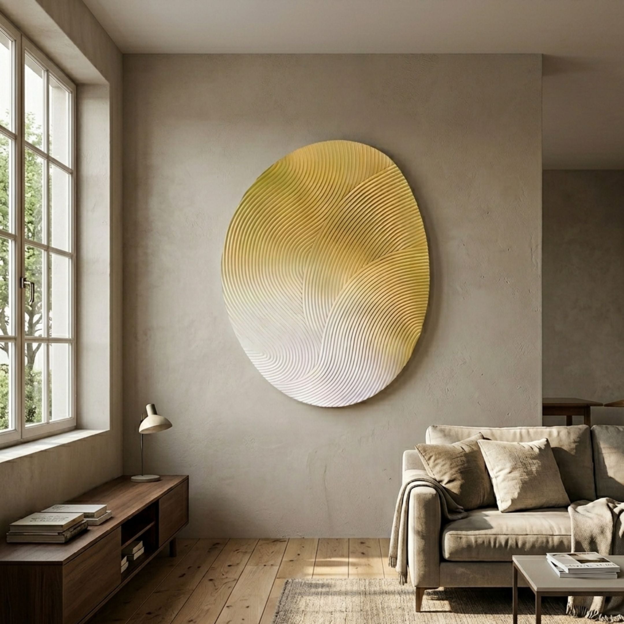Fluctus Yellow Textured Sandstone Wood Relief 3D Wall Art with gold-to-cream carved grooves displayed on a beige wall above a wooden console in a sunlit living room.